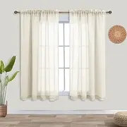 Beige Curtains 45 Inch Length for Kitchen Farmhouse Pair Set 2 Panels Rod Pocket Linen Textured Light Filtering Semi Sheer Curtains for Small Bedroom Windows Bathroom Laundry Room 52x45 Inches Long