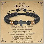 [Juicfru] Gifts for Boys Men, Brother Bracelet Tiger Eye Bracelet for Brother, Beads Cross Bracelet Present for Birthday Christmas Day Christian Gifts, 17.7cm to 30cm, no gemstone