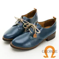 在飛比找Yahoo奇摩購物中心優惠-【GEORGE 喬治皮鞋】素面牛皮木紋低跟綁帶踝靴 -藍 2