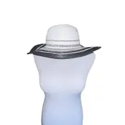 Time and Tru Women's Striped Floppy Straw Hat Packable Adjustable Band White New