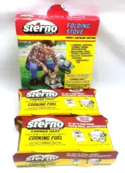 VTG Sterno Folding Stove & Two 2 Pks 7 oz Fuel Camping Backpacking Emergency