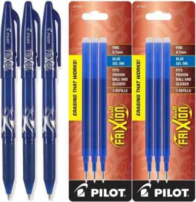 Pilot FriXion Gel Ink Pen Erasable, Blue Ink Fine Point 0.7mm & Refills