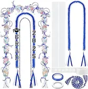 [Eshylala] Graduation Ribbon Lei Class of 2025 Graduation Leis Kit Grad Handmade Double Braided Necklace Honor Cord with Tassel and Number Patch Set for Graduation Party School Gift (Blue)