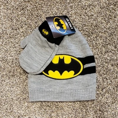Batman Beanie Hat + Mittens, Grey, Youth Toddler Boys 2T-5T