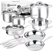 15 Pcs Stainless Steel Pots and Pans Set |Tri-Ply Stainless Steel Cooking Set &