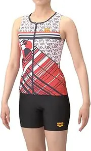[arena] Women's Swimsuit Fitness Separates (Coverback, Middle Leg, Insert Pad), Red x Black (RDBK)