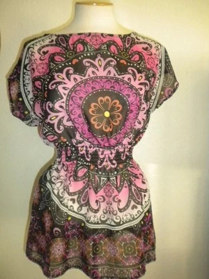 MAURICES MS SIZE SMALL MULTI-COLOR MEDALLION PRINT SHEER PEASANT BLOUSE