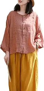 [LZJN] Womens Button Down Shirt Linen Button Up Shirts for Women Long Sleeve Summer Shirt Collared Blouse Linen Tops