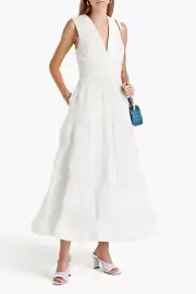 RRP€1108 ZIMMERMANN Midi Postcard Pleated Dress US4 AU0 XS Tiered Deep V-Neck