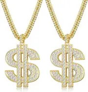 [Jstyle] 2PCS 18K Gold Plated Chain with Dollar Sign Pendant Necklace Old School Hip Hop Rotatable Dollar Necklace 80s 90s Rapper Costume Big Chunky Turnover Punk Style Necklace