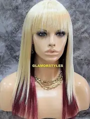 Long Layered With Bangs Bleach Blonde Burgundy Mix Full Synthetic Wig Hair Piece