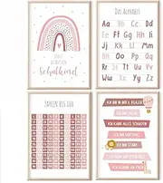 Educational learning posters, learning posters, pictures for children's room, set of 4, A4 poster set, alphabet ABC, numbers, preschool, primary school, wall poster, premium (learning poster, set of 4, pink)