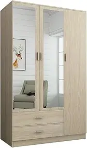 [Luxsuite] Wardrobe Mirrored Closet Wooden Storage Cupboard Cabinet 3 Door 2 Drawer Oak