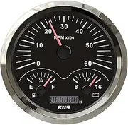 110mm 12V Waterproof Multifunction Gauge Tachometer Fuel Level Meter Voltage Meter with Red and Yellow Light for Marine Car RV Ship Boat Yacht Track Meter (Black)