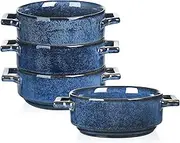 vicrays Ceramic Soup Bowls with Handles, 24 Oz Porcelain Soup Crocks for French Onion Soup, Cereal, Beef Stew, Chill, Pasta, Pot Pies, Microwave and Oven Safe, Set of 4 (Blue)