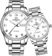 [carlien] Couple Diamond Watches Automatic Stainless Steel Waterproof Swarovski Crystal Watch His and Hers of 2