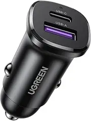 UGREEN Car Charger, 2 Ports PD 30W/PPS 25W & SCP 22.5W, Super Mini with LED Light, Compatible with iPhone 16/15/14/13/12, Galaxy S25/S24/S23, Pixel, iPad, MacBook, Black