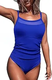 [AI'MAGE] Women's Ribbed One Piece Swimuit Tummy Control Ruched Bathing Suit Sexy Mesh Swim Suits Crisscross Back Tie Swimwear