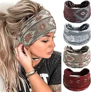 FULZTEY Boho Headbands for Women Non Slip Fashion Wide Hair Bands Elastic Turban Knot Head Wraps Yoga Running Sweatband Vintage Printed Hair Accessories for Women and Girls 4Pcs