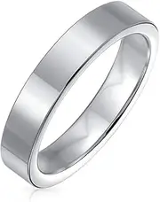 [Bling Jewelry] Plain Simple Flat Cigar Couples Titanium Wedding Band Rings For Men For Women Silver Tone 4MM