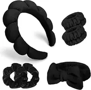 [Ondder] 6 Pcs Black Spa Headband and Wristband Set for Washing Face, Makeup, Bubble Skin Care - Face Wash Sponge Puffy Head Bands Hair Accessories for Women Girls