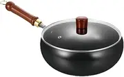Cooking Pan,Stir Fry Wok with Wooden Handle - Scratch-Resistant, No Coating, Flat Bottom Induction Cookware for Baking Stewing Stir-Frying