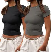 [ZHENWEI] Crop Workout Tops for Women Pack Summer Short Sleeve Gym Athletic Compression Shirts Cute Tight Basic Tops Tee