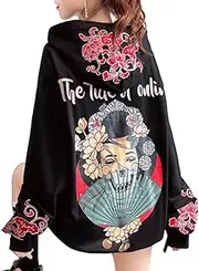 [SHINsuke] Women Harajuku Japanese Geisha Hoodie Y2K Sakura Gothic Retro Hooded Sweatshirt Winter Oversize Pullover Long Sleeve Top