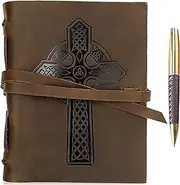 Leather Journal Cross Notebook Embossed Handmade Travel Diary, A5 Vintage Writing Bound for Men For Women Genuine Antique Rustic Leather 6"x8" Engraved Paper Perfect for Notes Sketchbook + Pen