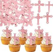 Ephlyn 48Pcs Edible Cross Cupcake Toppers Cross God Bless Cupcake Toppers Wafer Paper Christian Baptism Cross Cupcake Picks for Religious Theme Baby Shower Birthday Party Cake Supplies Pink