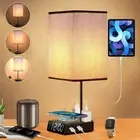 Bedside Lamp with USB Ports & AC Outlets, 15W Wireless Charger Table Lamp with C