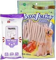 Combo of Pawpaya 5 in 1 Multipurpose 40 Pull Pack Plant-Based Pet Cleaning Wipes and Bow Jerky Chicken and Milk Dog Treat 100% Pure Cage-Free Chicken Perfect Calcium Rich Training Reward