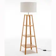 Eiffel 3 Tier Natural Wood Floor Lamp w/ Storage Shelves + Off White Linen Shade
