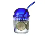 Glass Drinking Jar with Lid Straw Reusable Boba Mug for Fruit Juice Drinks Iced Coffee Smoothie Soda Milk, Striped Style Glass, Klein Blue