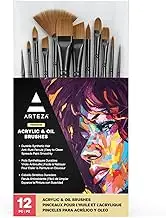 Arteza Paint Brushes, Set of 12, Premium Synthetic Acrylic & Oil Paint Brushes with Brass Ferrules & Wooden Birch Handles, Painting Art Supplies for Beginners and Experts