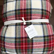 POTTERY BARN STEWART PLAID SHERPA BACKED THROW BLANKET 50 X 60" ~ IVORY MULTI