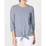 J. Jill Women's Gray White Striped Tie Front Blouse Top 3/4 Sleeves Cotton M