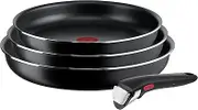 Tefal Ingenio Easy On 4-Piece Cookware Set, 3 x Pans (22, 24, 26 cm), 1 x Removable Handle, Compact, Stackable, Non-Stick Coating, Thermal Signal Temperature Indicator, Black, L1599043
