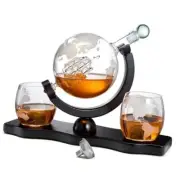 Whiskey Decanter Globe Set with 2 Etched Whiskey Glasses - Standard Rotating
