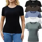[FMNNNN] 3/5 Pack Crew Neck T Shirts for Women Daily Casual Womens Fitted Tshirt Basic Tops for Women Stretchy Womens Tees