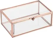 Hipiwe Vintage Glass Keepsake Box Rectangle Jewelry Display Organizer Box Vanity Lidded Box Home Decor Glass Decorative Box for Trinket Rings Earrings Bracelet,Rose Gold,Small