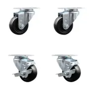 3 Inch Hard Rubber Wheel Swivel Top Plate Caster Set with 2 Brakes SCC