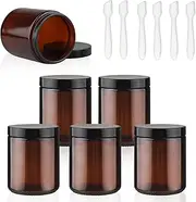 DynnnDy 240ml/8oz Amber Glass Jars with Black Lids 6 Pcs Empty Refillable Cosmetic Container for Cream Essential Oil Body Butter Gel Lotion Ointments Powder Candle Making,6 Spatulas