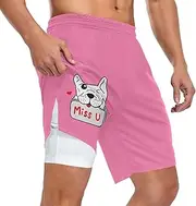 [ZZXXB] Bulldog Miss You Athletic Shorts for Men with Pockets 2 in 1 Quick Dry Running Shorts S-3XL