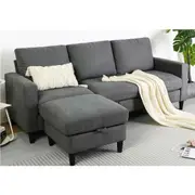 Advwin 3 Seaters Sofa with Storage Ottomans Lounge Couch Corner Sofa Grey