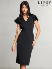 Lipsy Black V Neck Smart Flutter Sleeve Midi Dress (E87882) | $65