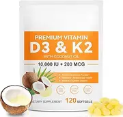 Premium Vitamin D3 K2 Supplement Softgels 120 Count, Virgin Coconut Oil Softgels, 2 in 1 Vitamin for Supporting Bone & Teeth Health & Immune, Easy to Absorb