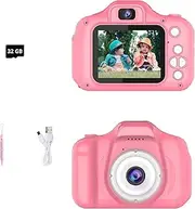 Kids' Digital Cameras, Mini Dual Camera Rechargeable Children's Camera Gift, Boys and Grils Aged 3 to 9 Years Old, 8 Million HD Video 2 inches Screenfor Outdoor Play (32GB Card, Pink)