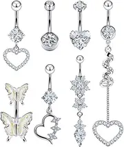 [Vsnnsns] 14G Belly Button Rings Belly Rings for Women Stainless Steel CZ Opal Dangle Belly Button Piercing Jewelry Belly Rings Bars Curved Navel Ring Barbell Body Jewelry Piercing for Women Men 9Pcs
