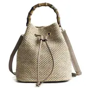 Women Drawstring Beach Bag Bucket Barrel Pouch Crossbody Messenger Straw Knitted Bamboo Handle Handbag Tote Outdoor Travel